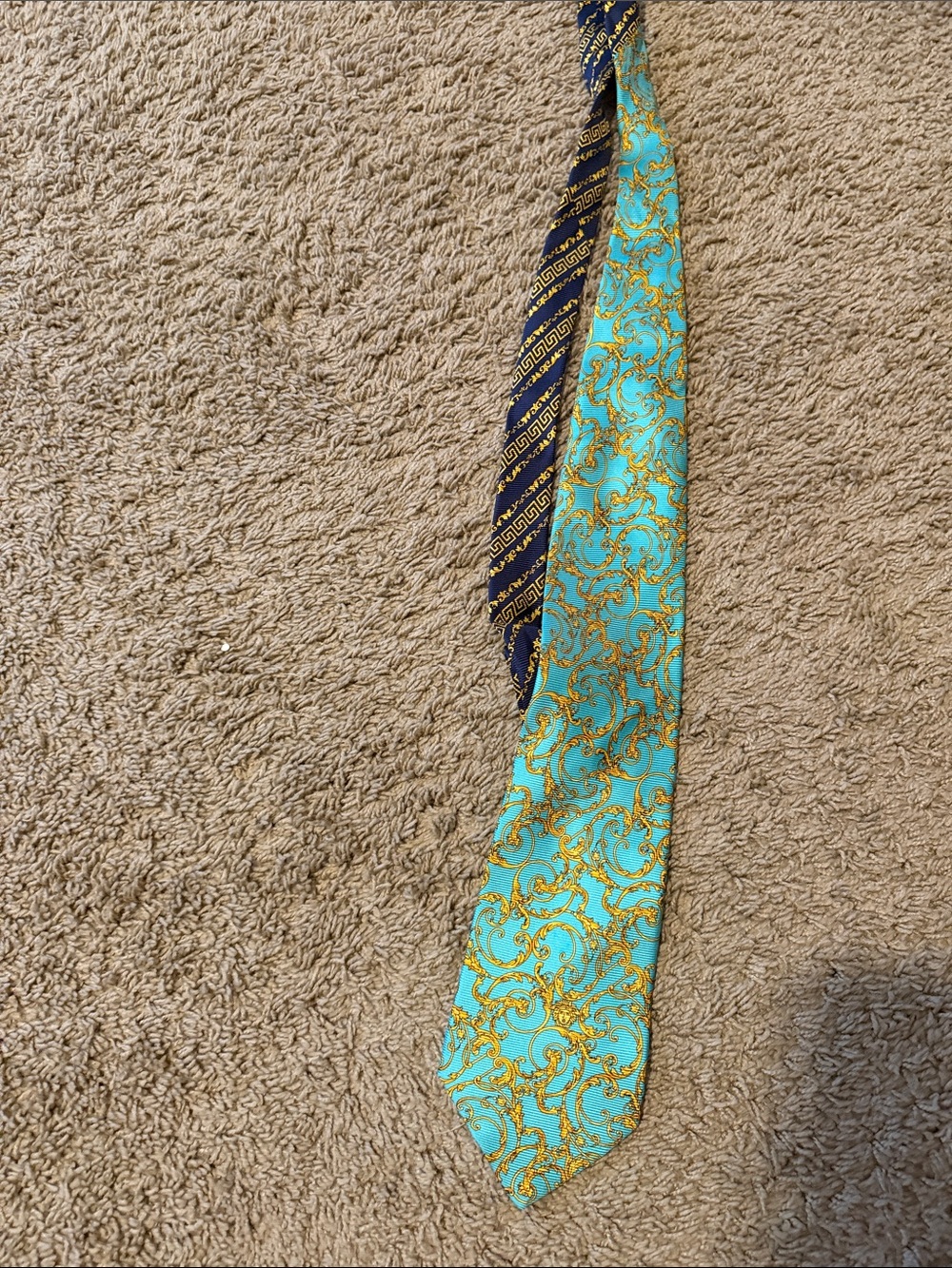 Versace Turquoise and Gold Baroque Pattern Silk Tie